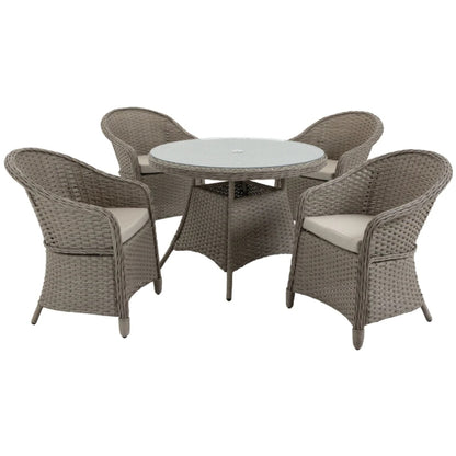 Outsunny 4 Seater Rattan Garden Furniture Set with Cushions, Round PE Rattan Dining Set with Glass-Top Table, Umbrella Hole, Outdoor Garden Table and Chairs