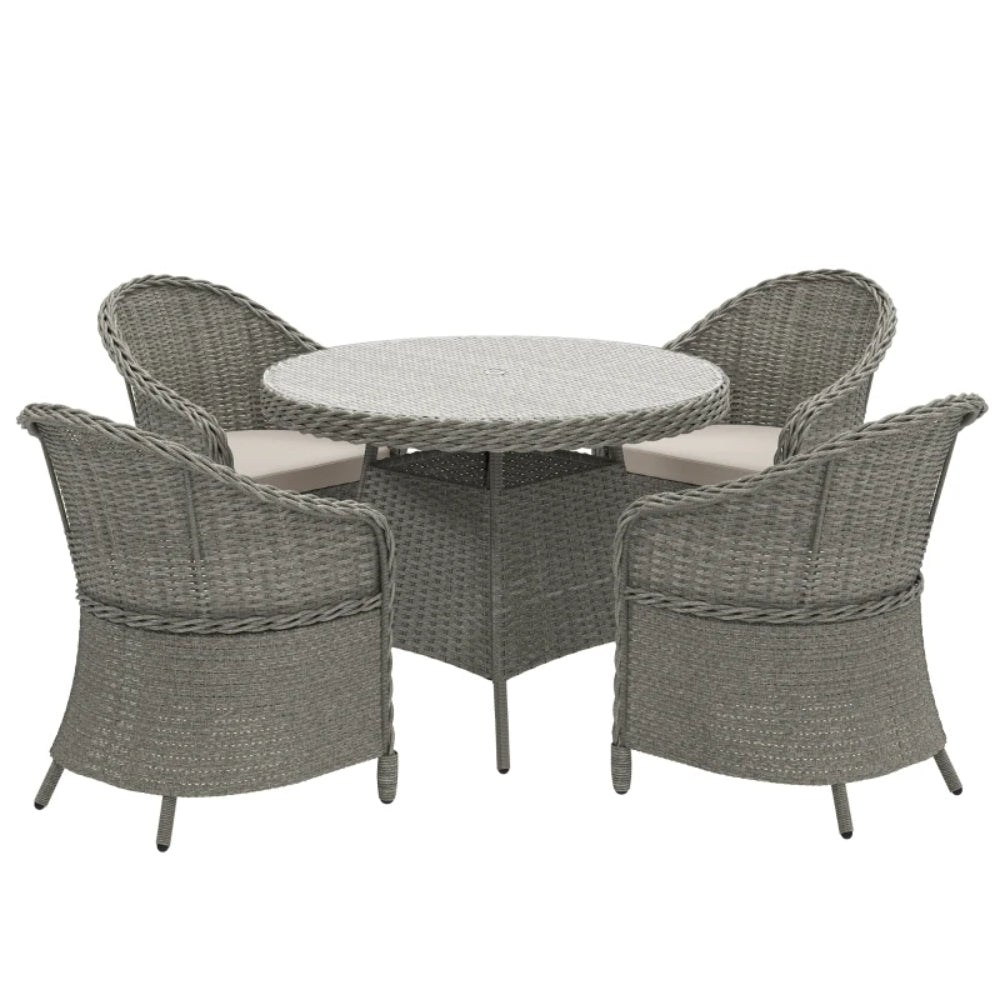 Outsunny 4 Seater Rattan Garden Furniture Set with Cushions, Round PE Rattan Dining Set with Glass-Top Table, Umbrella Hole, Outdoor Garden Table and Chairs