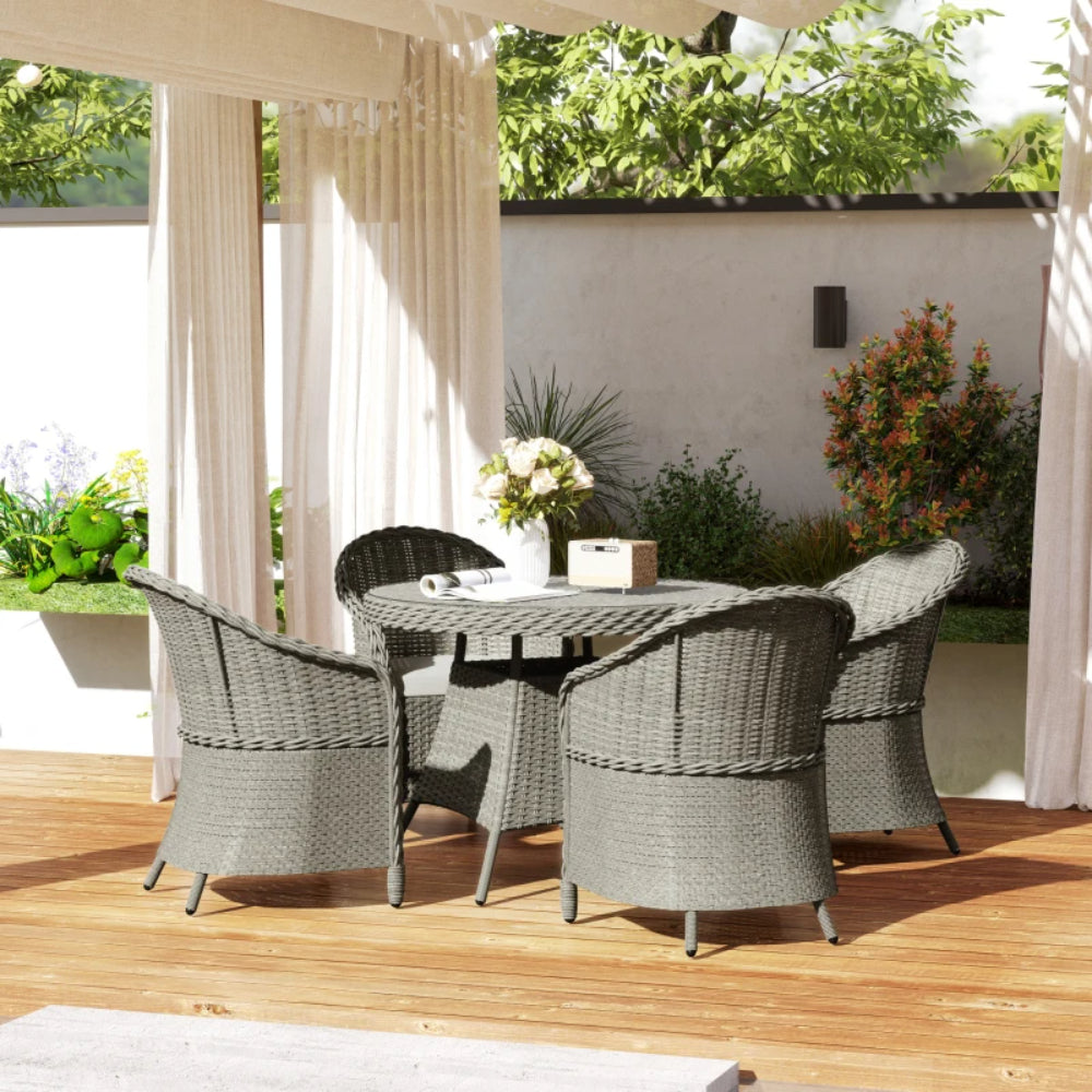 Outsunny 4 Seater Rattan Garden Furniture Set with Cushions, Round PE Rattan Dining Set with Glass-Top Table, Umbrella Hole, Outdoor Garden Table and Chairs