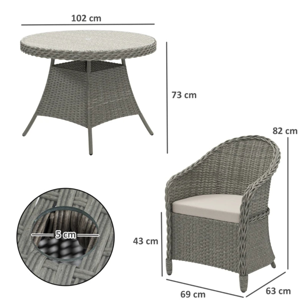Outsunny 4 Seater Rattan Garden Furniture Set with Cushions, Round PE Rattan Dining Set with Glass-Top Table, Umbrella Hole, Outdoor Garden Table and Chairs