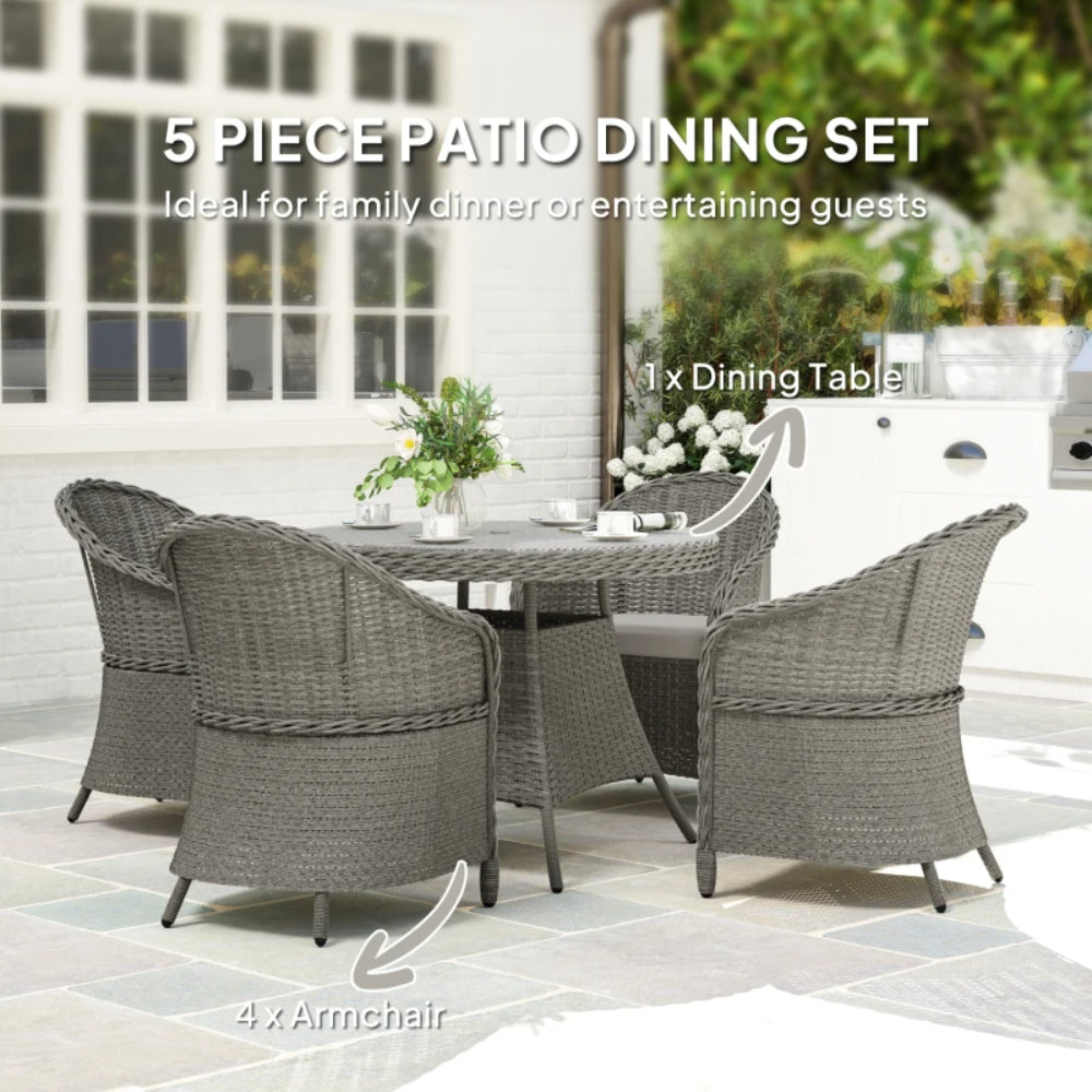 Outsunny 4 Seater Rattan Garden Furniture Set with Cushions, Round PE Rattan Dining Set with Glass-Top Table, Umbrella Hole, Outdoor Garden Table and Chairs