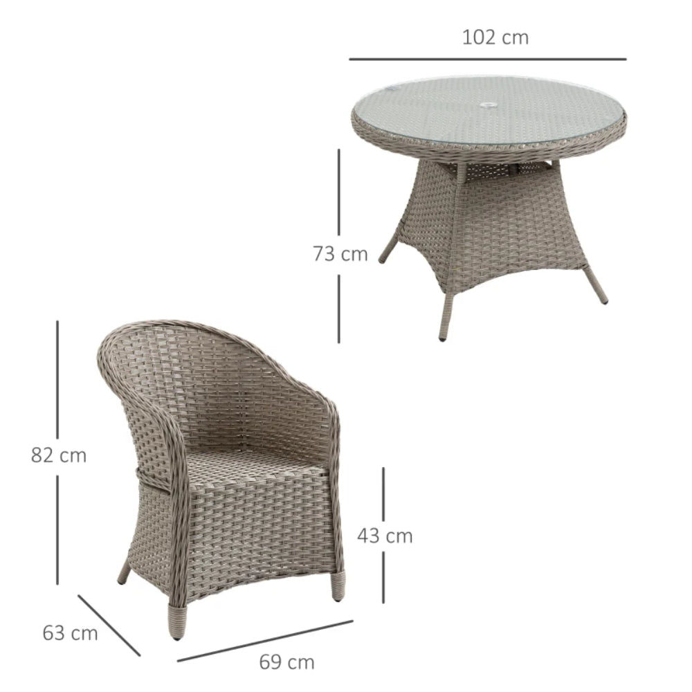 Outsunny 4 Seater Rattan Garden Furniture Set with Cushions, Round PE Rattan Dining Set with Glass-Top Table, Umbrella Hole, Outdoor Garden Table and Chairs