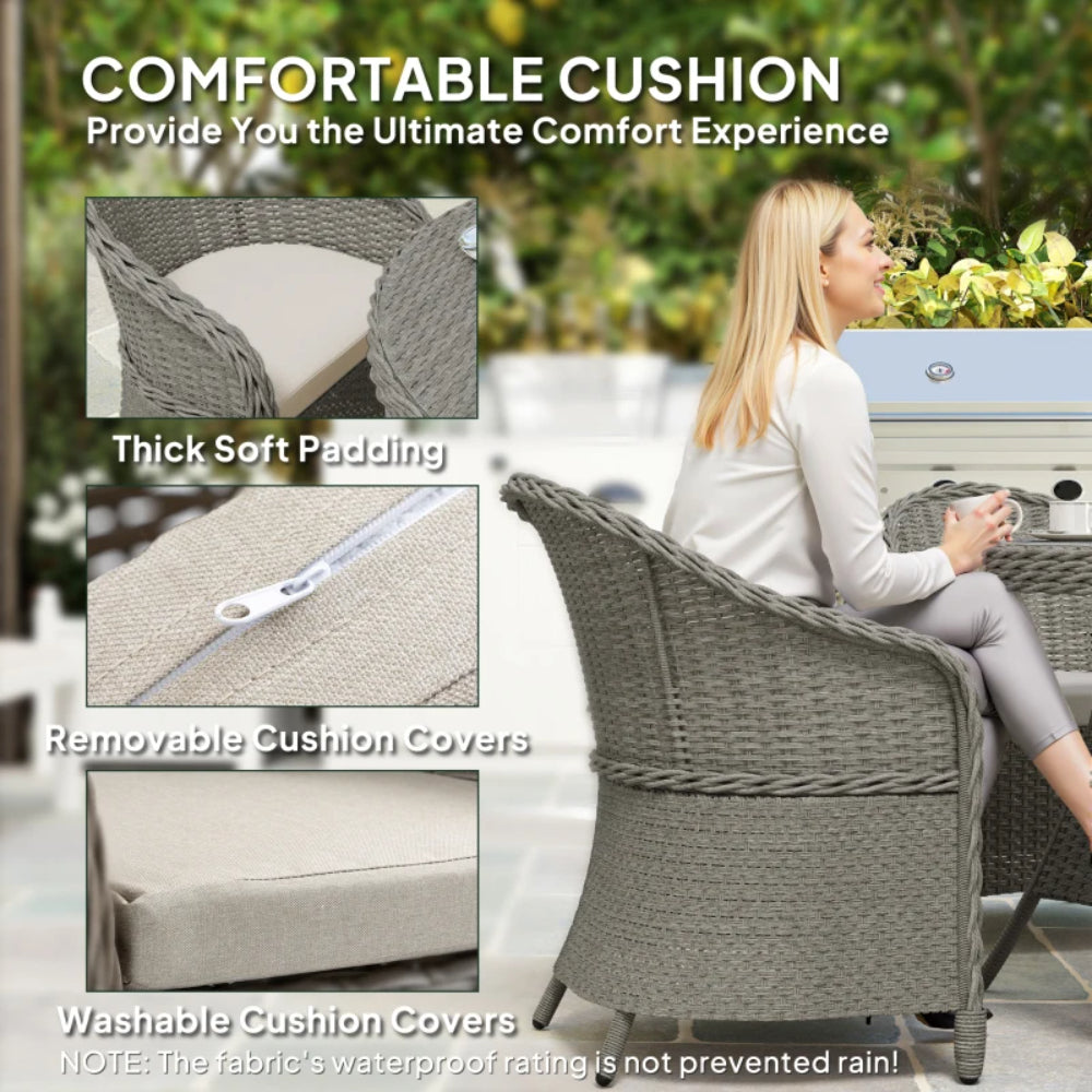 Outsunny 4 Seater Rattan Garden Furniture Set with Cushions, Round PE Rattan Dining Set with Glass-Top Table, Umbrella Hole, Outdoor Garden Table and Chairs