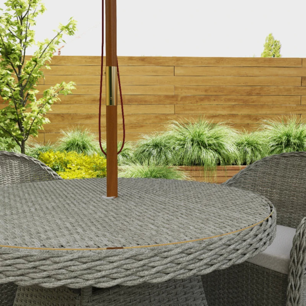 Outsunny 4 Seater Rattan Garden Furniture Set with Cushions, Round PE Rattan Dining Set with Glass-Top Table, Umbrella Hole, Outdoor Garden Table and Chairs