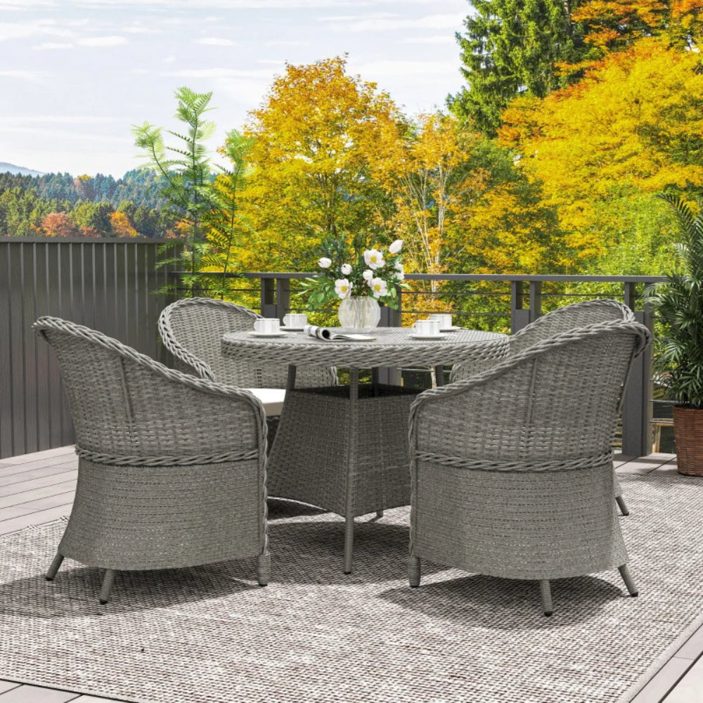 Outsunny 4 Seater Rattan Garden Furniture Set with Cushions, Round PE Rattan Dining Set with Glass-Top Table, Umbrella Hole, Outdoor Garden Table and Chairs