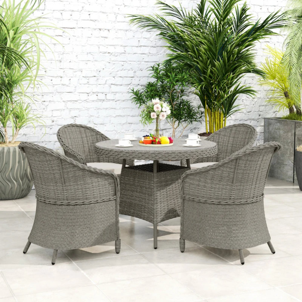 Outsunny 4 Seater Rattan Garden Furniture Set with Cushions, Round PE Rattan Dining Set with Glass-Top Table, Umbrella Hole, Outdoor Garden Table and Chairs