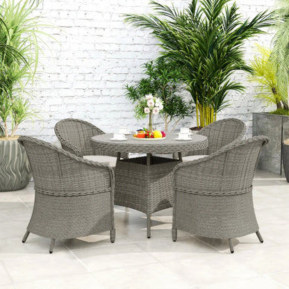 Outsunny 4 Seater Rattan Garden Furniture Set with Cushions, Round PE Rattan Dining Set with Glass-Top Table, Umbrella Hole, Outdoor Garden Table and Chairs