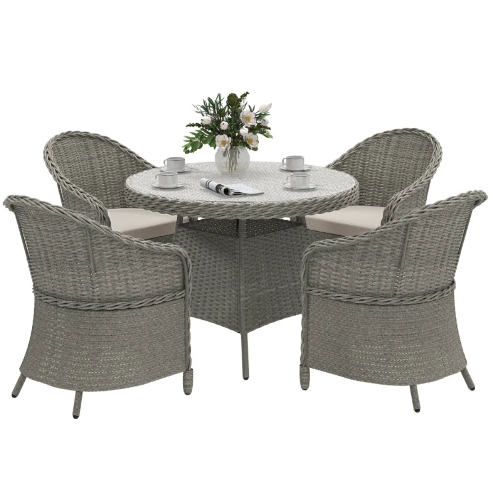 Outsunny 4 Seater Rattan Garden Furniture Set with Cushions, Round PE Rattan Dining Set with Glass-Top Table, Umbrella Hole, Outdoor Garden Table and Chairs