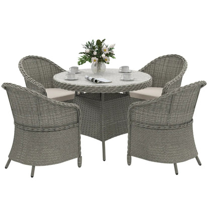 Outsunny 4 Seater Rattan Garden Furniture Set with Cushions, Round PE Rattan Dining Set with Glass-Top Table, Umbrella Hole, Outdoor Garden Table and Chairs