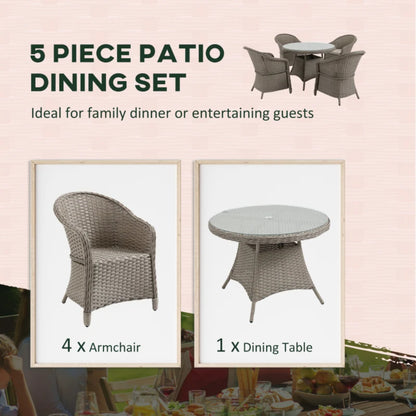 Outsunny 4 Seater Rattan Garden Furniture Set with Cushions, Round PE Rattan Dining Set with Glass-Top Table, Umbrella Hole, Outdoor Garden Table and Chairs