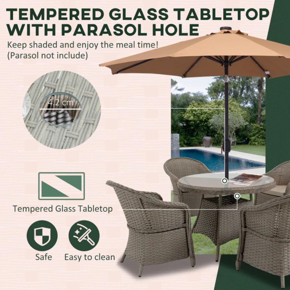 Outsunny 4 Seater Rattan Garden Furniture Set with Cushions, Round PE Rattan Dining Set with Glass-Top Table, Umbrella Hole, Outdoor Garden Table and Chairs