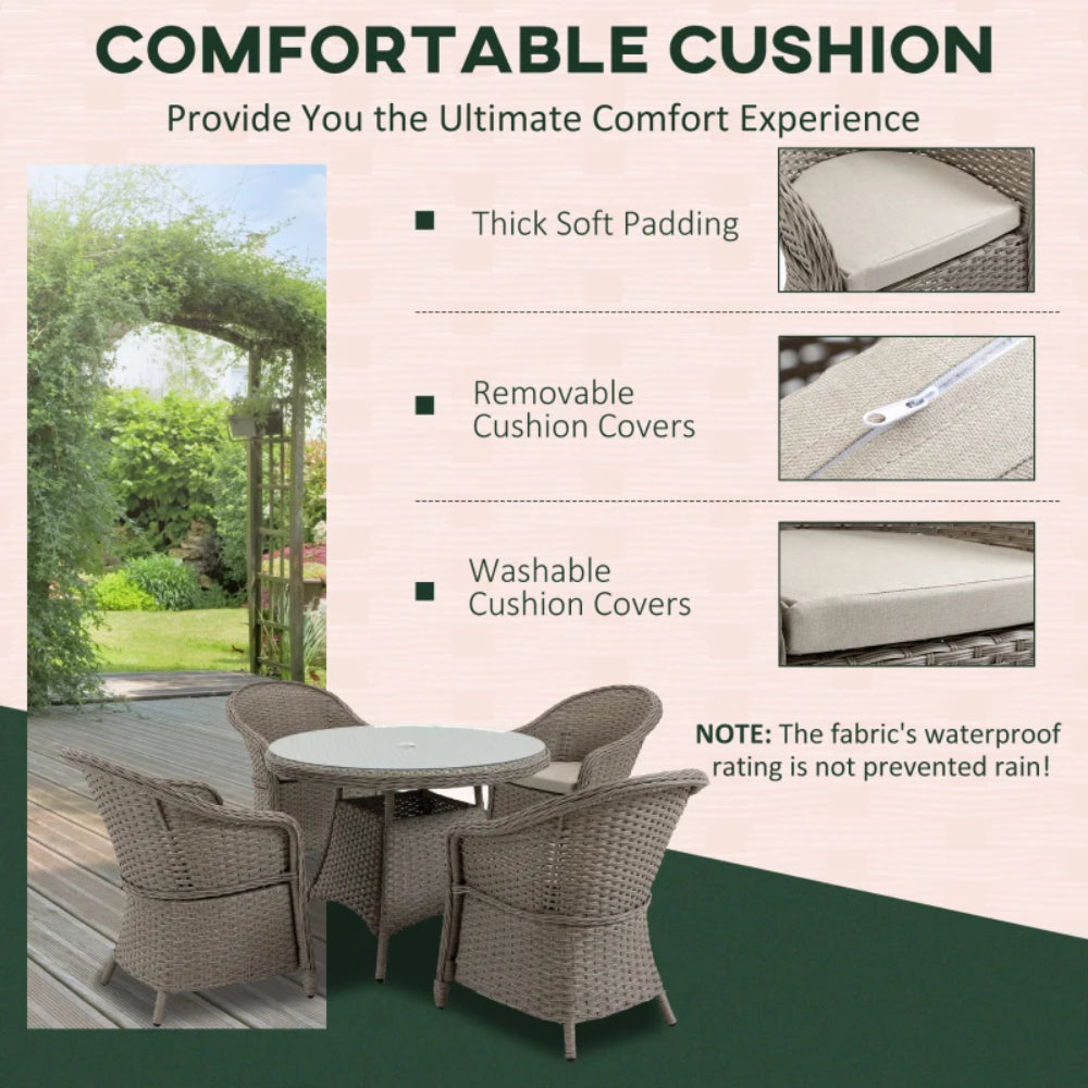 Outsunny 4 Seater Rattan Garden Furniture Set with Cushions, Round PE Rattan Dining Set with Glass-Top Table, Umbrella Hole, Outdoor Garden Table and Chairs