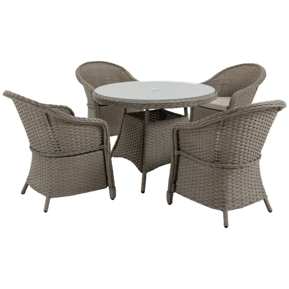 Outsunny 4 Seater Rattan Garden Furniture Set with Cushions, Round PE Rattan Dining Set with Glass-Top Table, Umbrella Hole, Outdoor Garden Table and Chairs