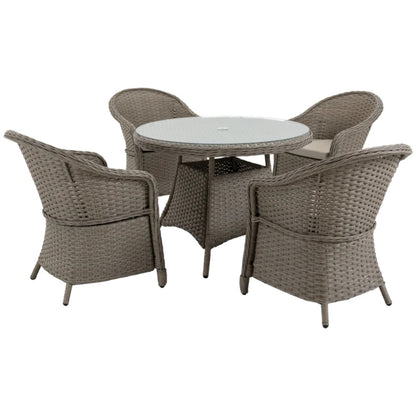 Outsunny 4 Seater Rattan Garden Furniture Set with Cushions, Round PE Rattan Dining Set with Glass-Top Table, Umbrella Hole, Outdoor Garden Table and Chairs