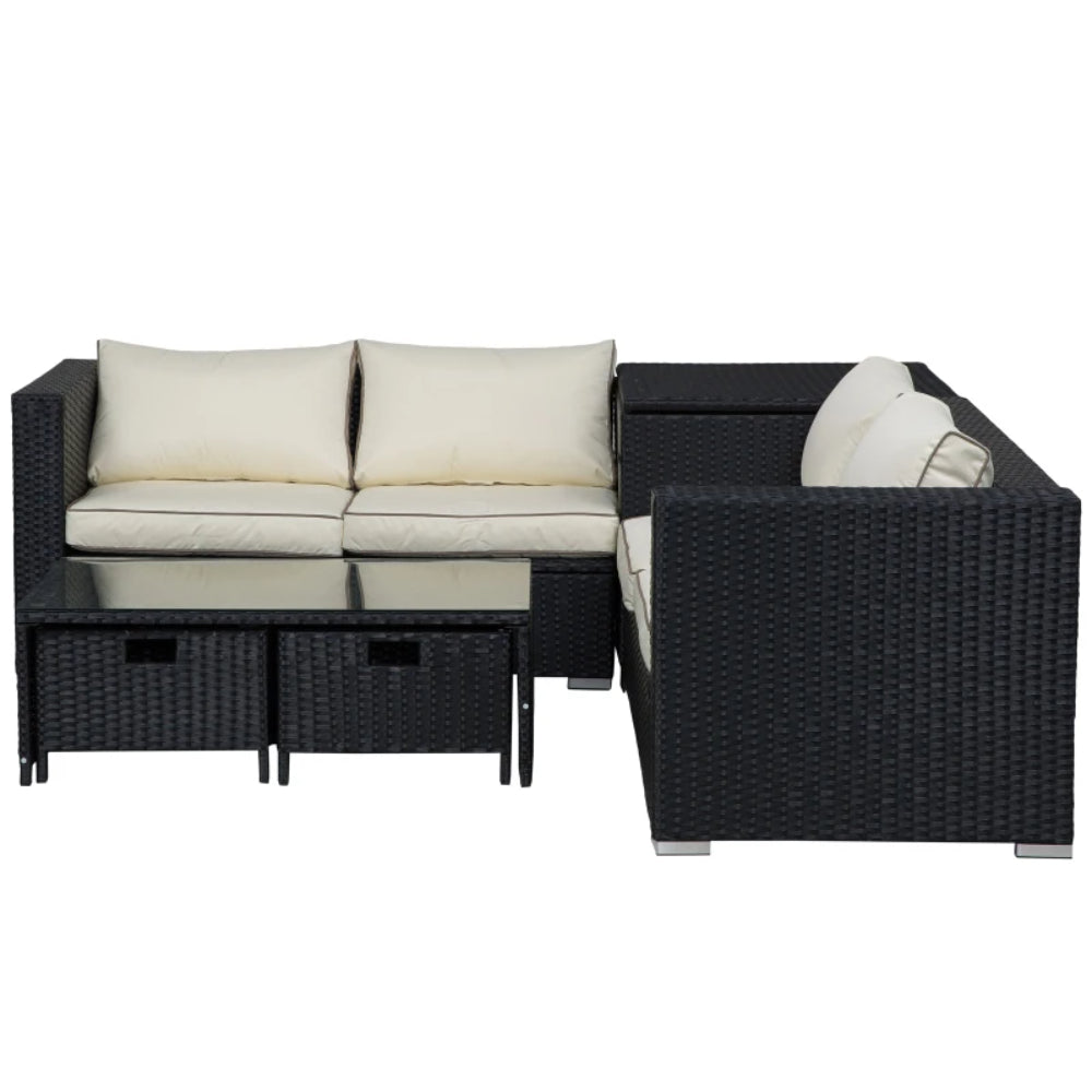 Outsunny 4 Seater Rattan Garden Furniture Set with Storage Box, 2 Drawers Coffee Table, Black