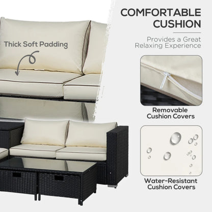 Outsunny 4 Seater Rattan Garden Furniture Set with Storage Box, 2 Drawers Coffee Table, Black