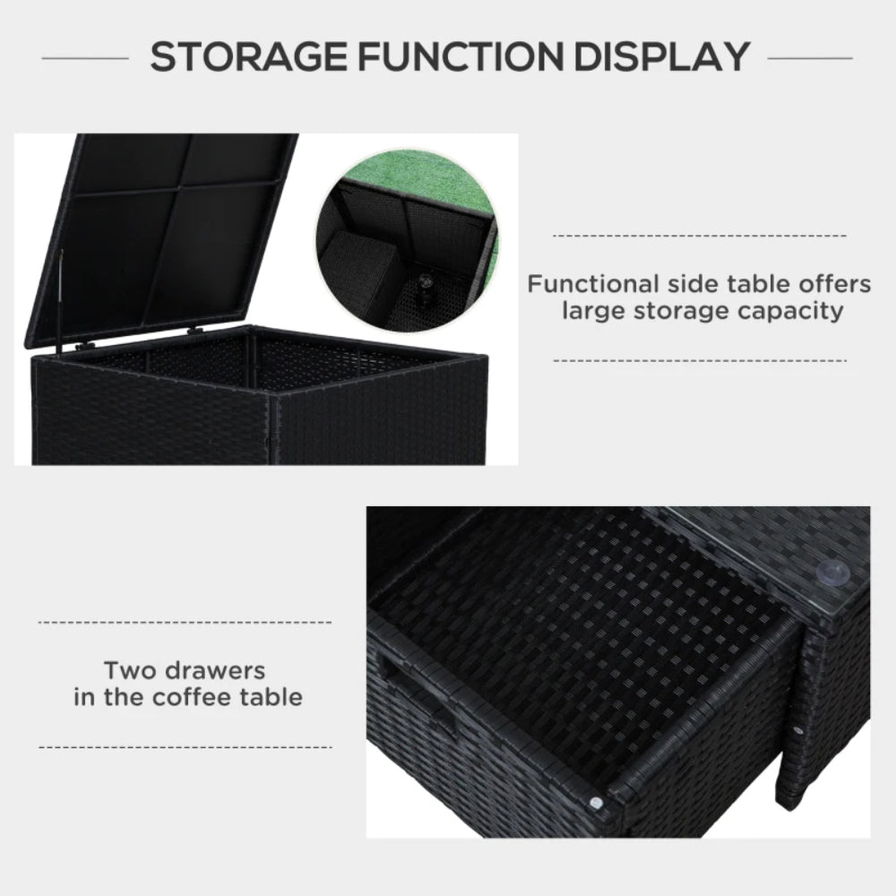 Outsunny 4 Seater Rattan Garden Furniture Set with Storage Box, 2 Drawers Coffee Table, Black