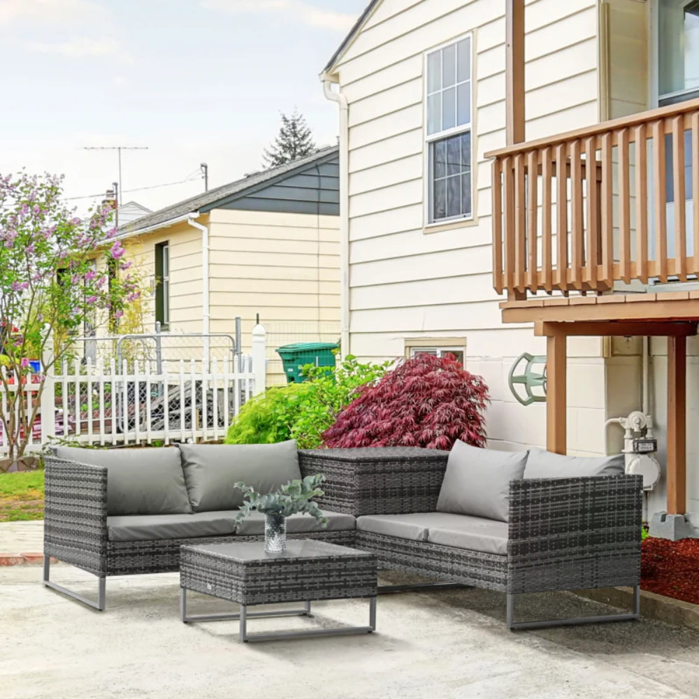 Outsunny 4pc Garden Rattan Wicker Outdoor Furniture Patio Corner Sofa Love Seat and Table Set with Cushions Side Desk Storage Additional Image 12