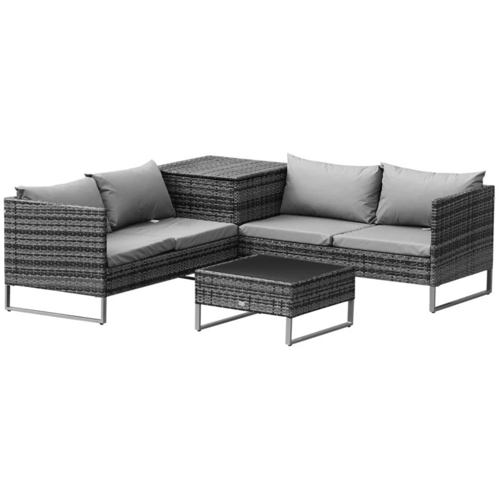 Outsunny 4pc Garden Rattan Wicker Outdoor Furniture Patio Corner Sofa Love Seat and Table Set with Cushions Side Desk Storage Additional Image 13