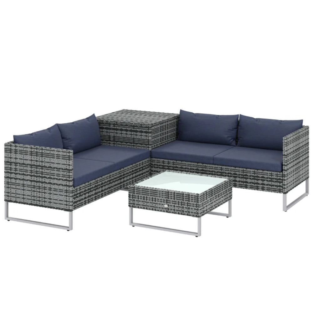 Outsunny 4pc Garden Rattan Wicker Outdoor Furniture Patio Corner Sofa Love Seat and Table Set with Cushions Side Desk Storage Additional Image 15