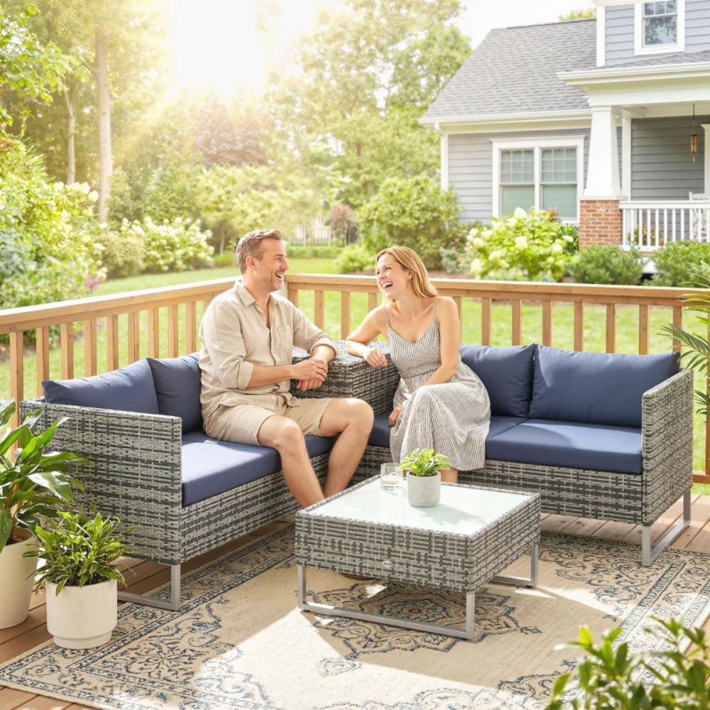 Outsunny 4pc Garden Rattan Wicker Outdoor Furniture Patio Corner Sofa Love Seat and Table Set with Cushions Side Desk Storage Additional Image 16