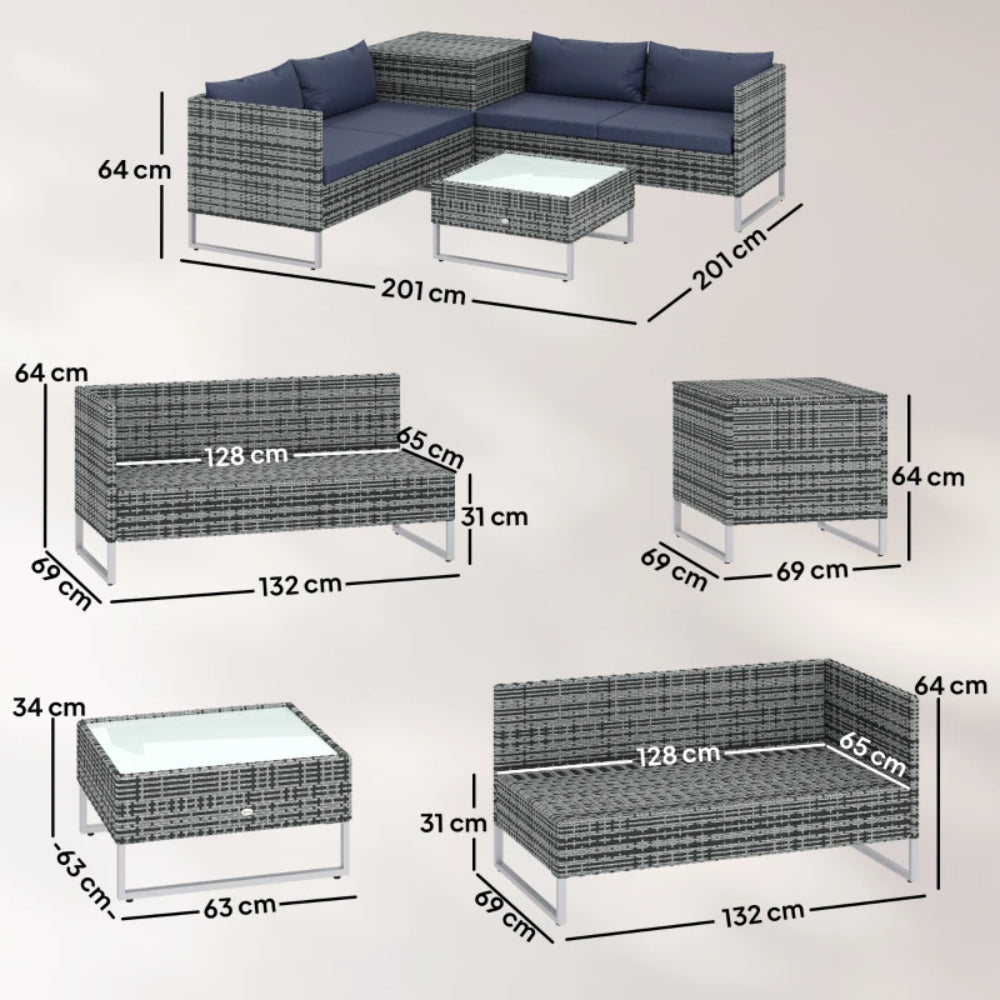 Outsunny 4pc Garden Rattan Wicker Outdoor Furniture Patio Corner Sofa Love Seat and Table Set with Cushions Side Desk Storage Additional Image 17