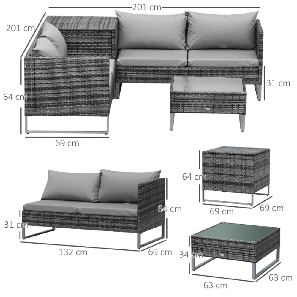 Outsunny 4pc Garden Rattan Wicker Outdoor Furniture Patio Corner Sofa Love Seat and Table Set with Cushions Side Desk Storage Additional Image 2