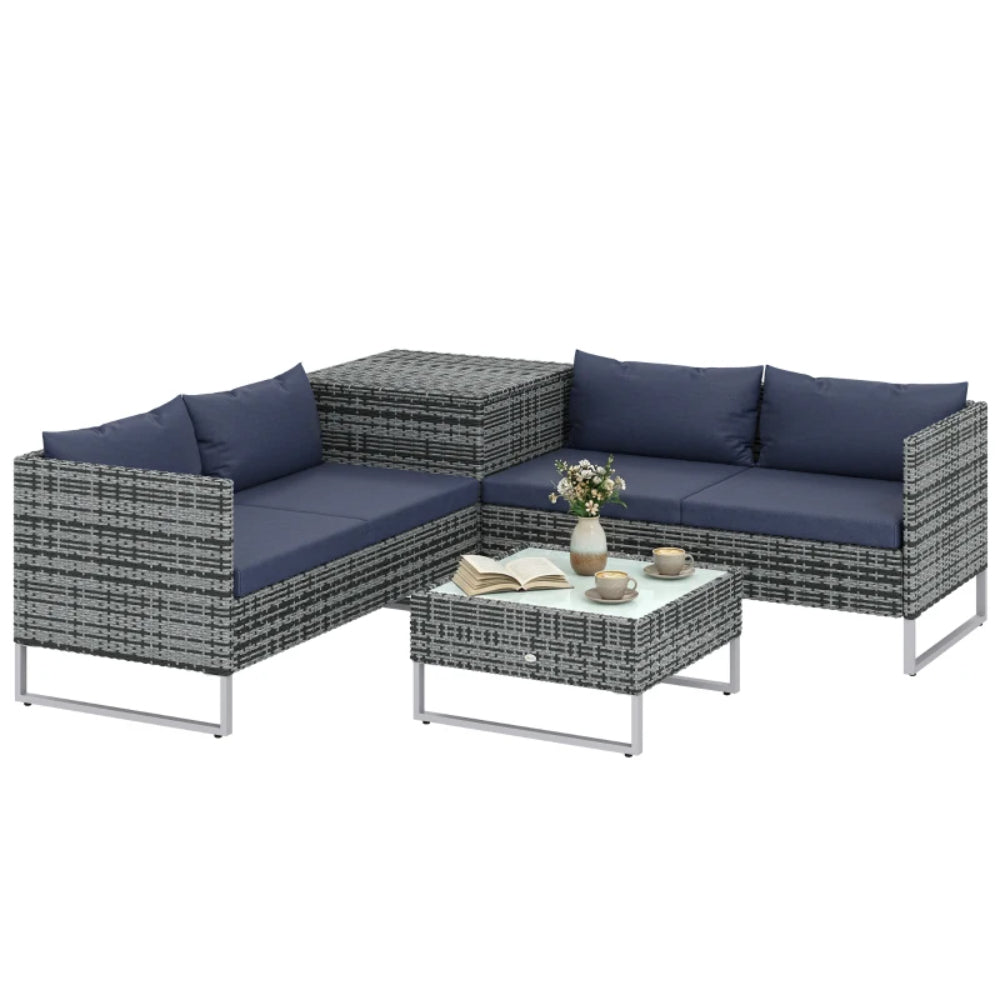 Outsunny 4pc Garden Rattan Wicker Outdoor Furniture Patio Corner Sofa Love Seat and Table Set with Cushions Side Desk Storage Additional Image 24