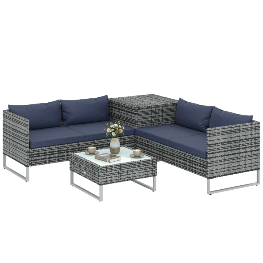Outsunny 4pc Garden Rattan Wicker Outdoor Furniture Patio Corner Sofa Love Seat and Table Set with Cushions Side Desk Storage Additional Image 25
