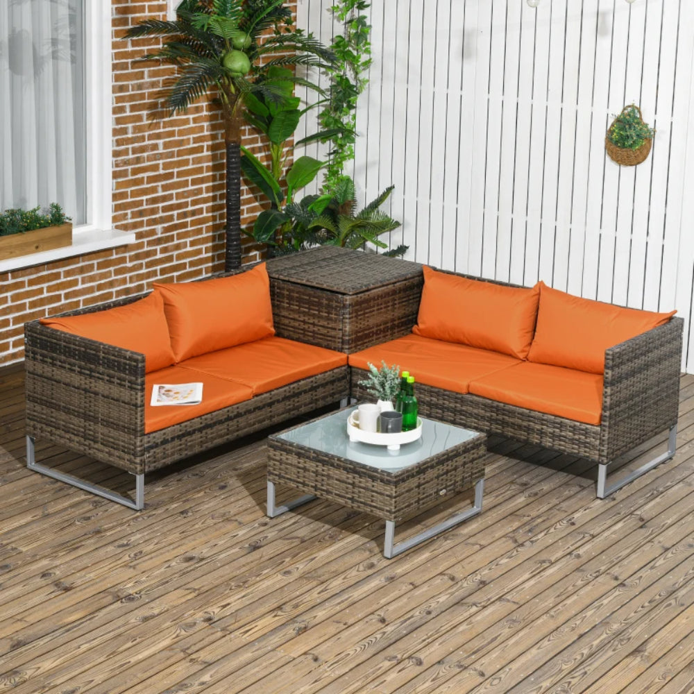 Outsunny 4pc Garden Rattan Wicker Outdoor Furniture Patio Corner Sofa Love Seat and Table Set with Cushions Side Desk Storage Additional Image 28