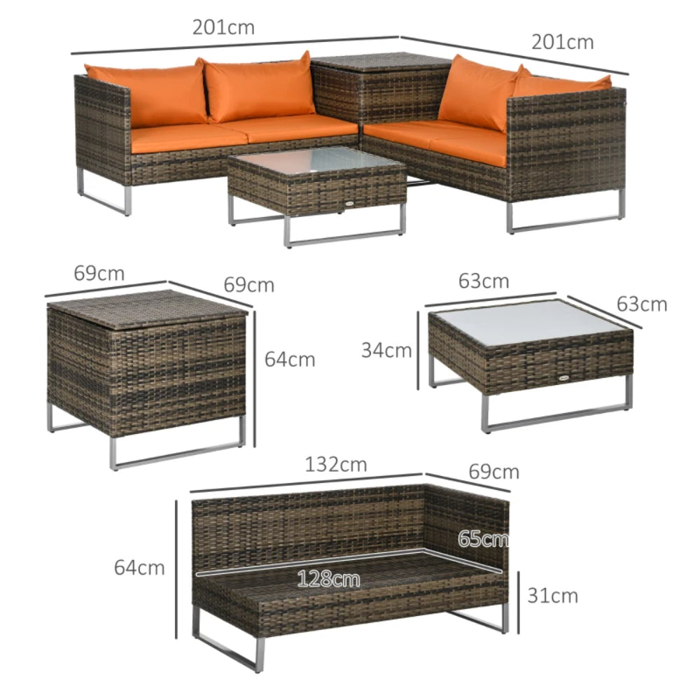 Outsunny 4pc Garden Rattan Wicker Outdoor Furniture Patio Corner Sofa Love Seat and Table Set with Cushions Side Desk Storage Additional Image 29