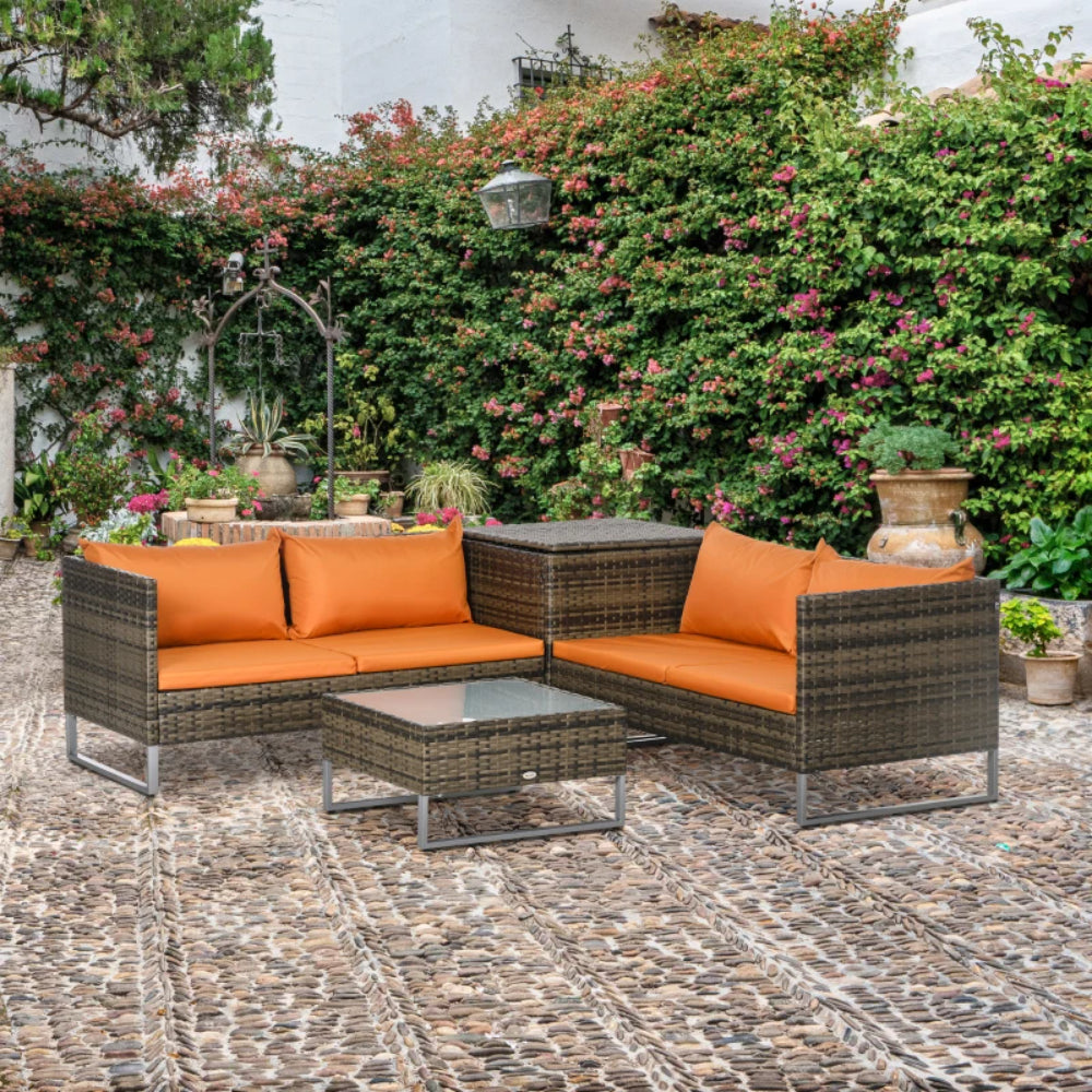 Outsunny 4pc Garden Rattan Wicker Outdoor Furniture Patio Corner Sofa Love Seat and Table Set with Cushions Side Desk Storage Additional Image 36