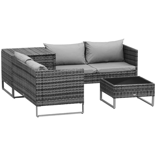 Outsunny 4pc Garden Rattan Wicker Outdoor Furniture Patio Corner Sofa Love Seat and Table Set with Cushions Side Desk Storage
