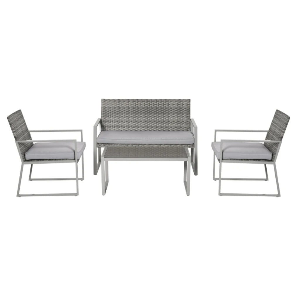 Outsunny 4PC Rattan Garden Furniture Set 2 Single Sofa Arm Chairs 1 Bench with Cushions & Coffee Table Patio Backyard Wicker Weave