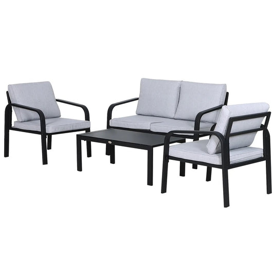 Outsunny 4pcs Garden Sofa Set 2 Single Armchair, 1 Bench & 1 Coffee Table Set Aluminum Frame Patio Furniture with Cushions, Black 