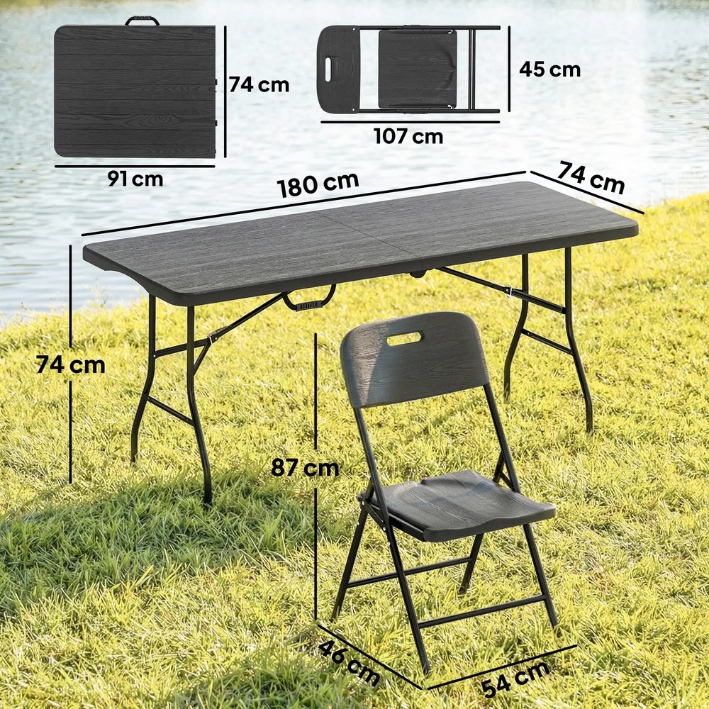 Outsunny 5 Piece 6ft Foldable Table and Chairs, Portable Picnic Table Set with 4 Chairs, Waterproof Top and Steel Frame, Black 2
