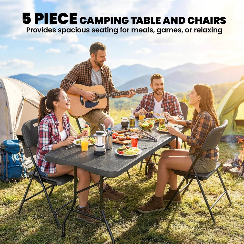 Outsunny 5 Piece 6ft Foldable Table and Chairs, Portable Picnic Table Set with 4 Chairs, Waterproof Top and Steel Frame, Black 3