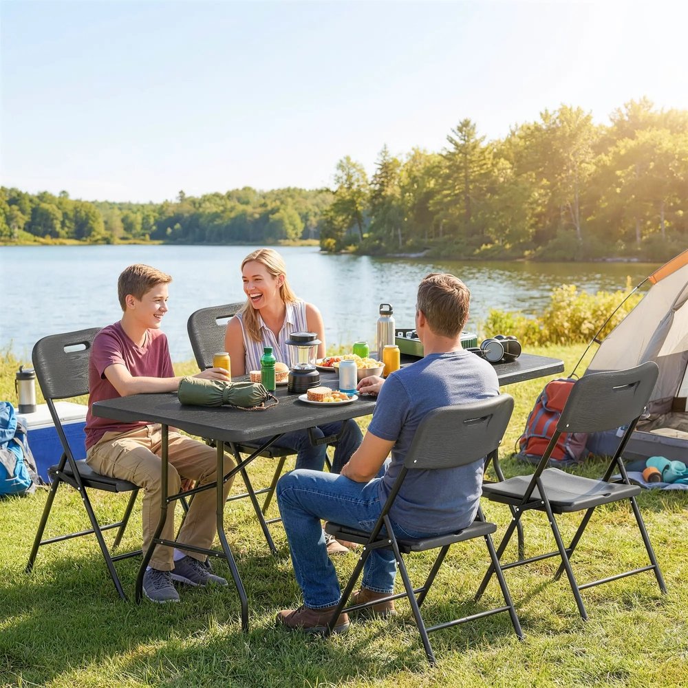 Outsunny 5 Piece 6ft Foldable Table and Chairs, Portable Picnic Table Set with 4 Chairs, Waterproof Top and Steel Frame, Black 9