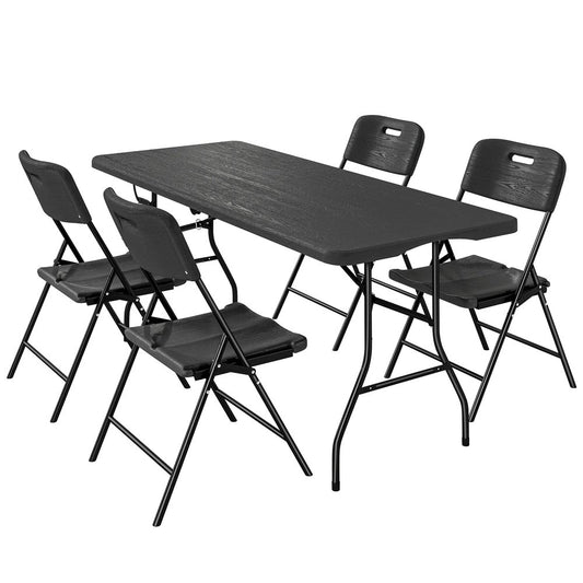 Outsunny 5 Piece 6ft Foldable Table and Chairs, Portable Picnic Table Set with 4 Chairs, Waterproof Top and Steel Frame, Black 