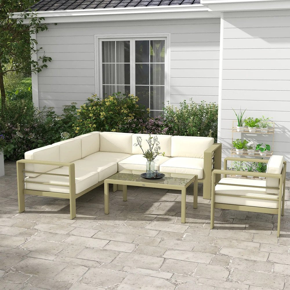 Outsunny 5-Piece Garden Corner Sofa Set with Cushions, 6 Seater Aluminium Garden Furniture Set with Glass Top Coffee Table, Patio Sectional Conservatory Furniture for Patio & Terrace, Gold Tone 1