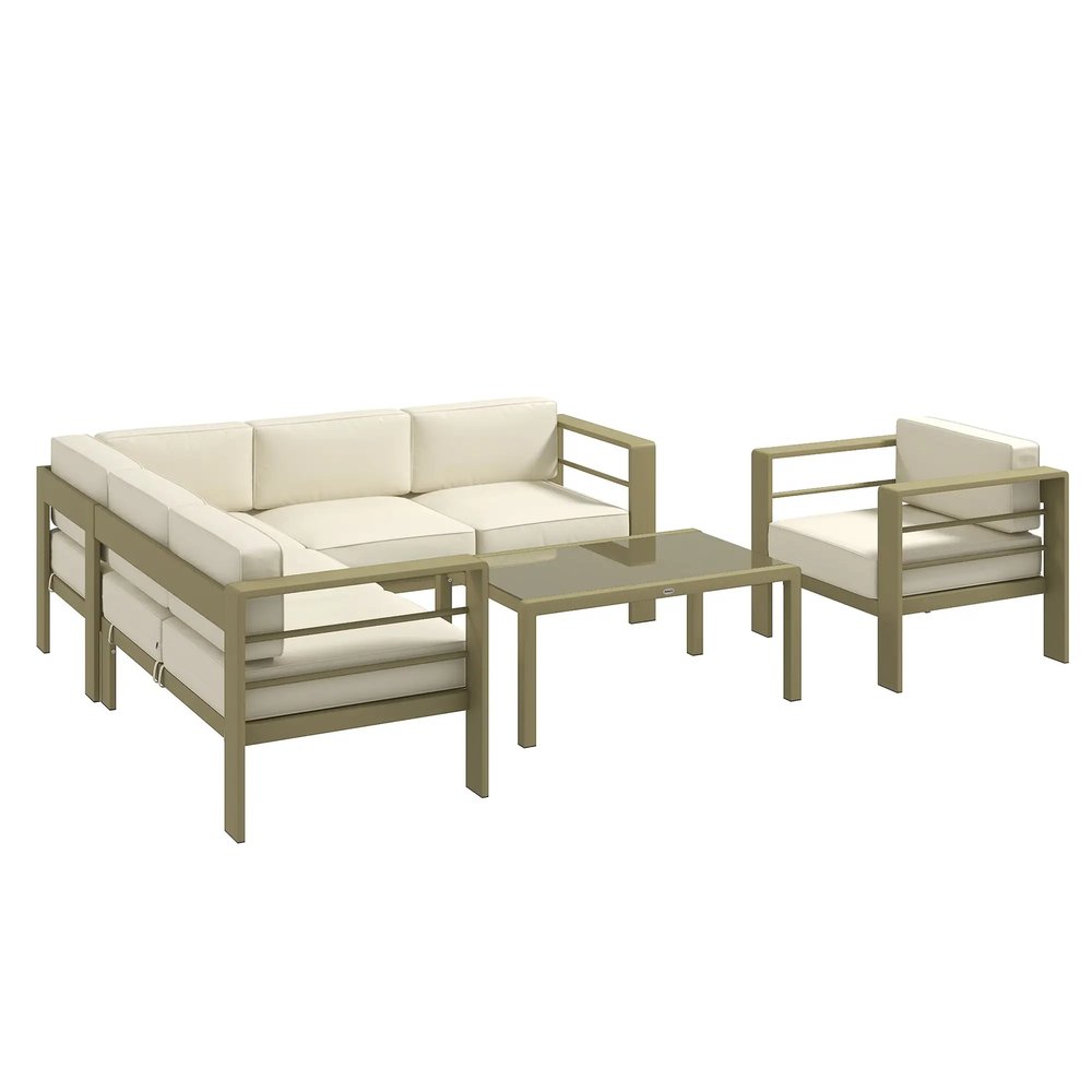 Outsunny 5-Piece Garden Corner Sofa Set with Cushions, 6 Seater Aluminium Garden Furniture Set with Glass Top Coffee Table, Patio Sectional Conservatory Furniture for Patio & Terrace, Gold Tone 10