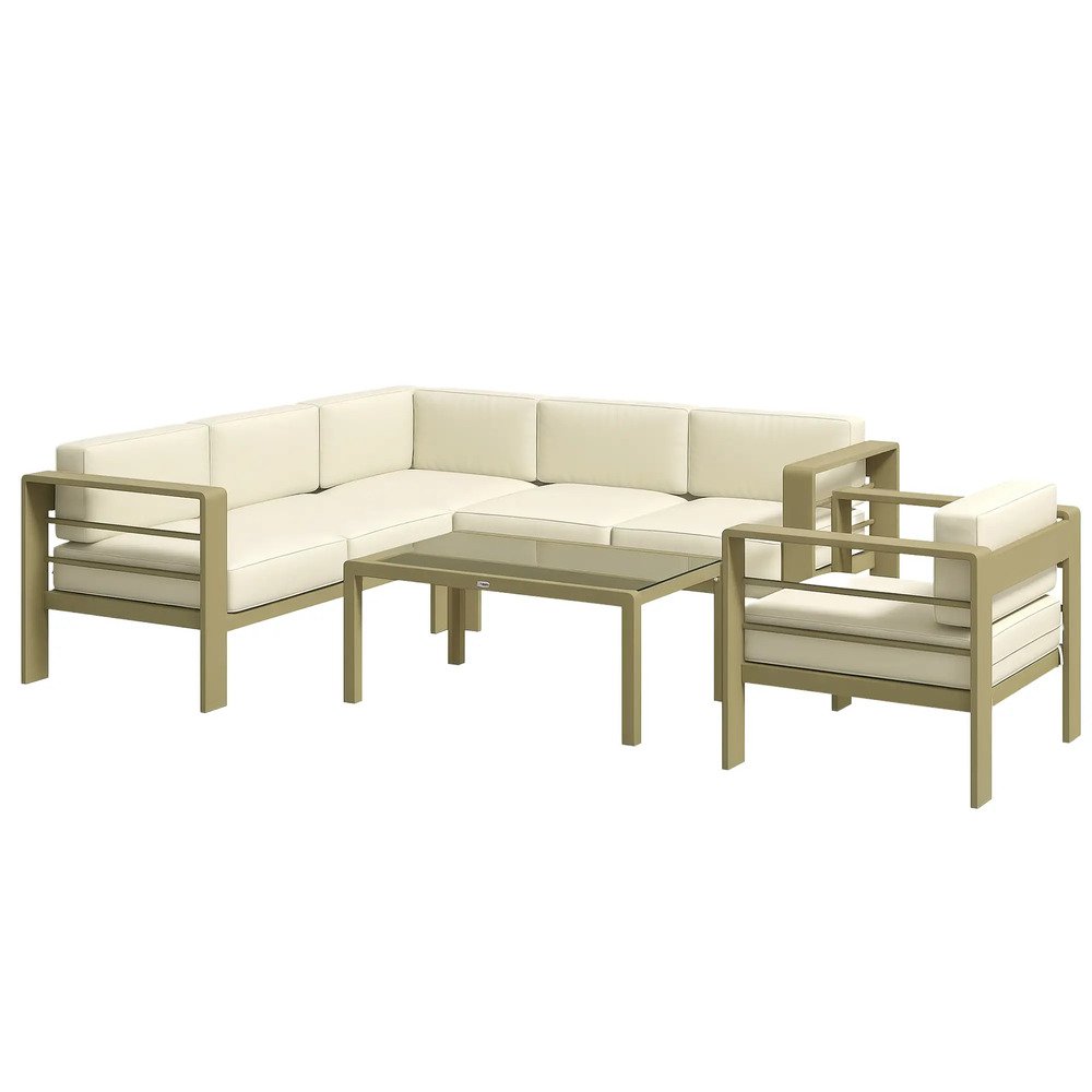 Outsunny 5-Piece Garden Corner Sofa Set with Cushions, 6 Seater Aluminium Garden Furniture Set with Glass Top Coffee Table, Patio Sectional Conservatory Furniture for Patio & Terrace, Gold Tone 9