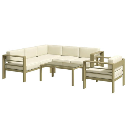 Outsunny 5-Piece Garden Corner Sofa Set with Cushions, 6 Seater Aluminium Garden Furniture Set with Glass Top Coffee Table, Patio Sectional Conservatory Furniture for Patio & Terrace, Gold Tone 9
