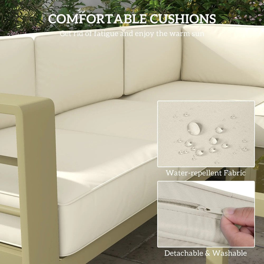 Outsunny 5-Piece Garden Corner Sofa Set with Cushions, 6 Seater Aluminium Garden Furniture Set with Glass Top Coffee Table, Patio Sectional Conservatory Furniture for Patio & Terrace, Gold Tone 4