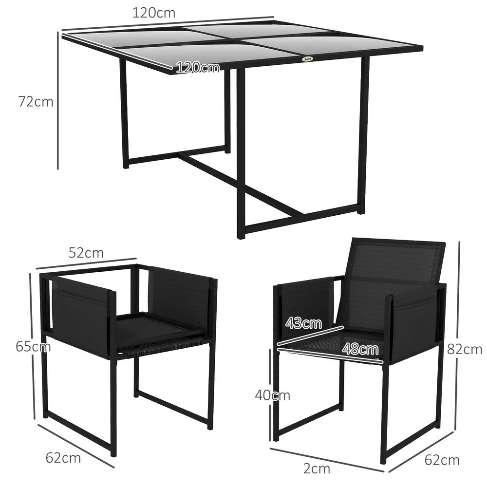 Outsunny 5 Piece Garden Dining Set with Breathable Mesh Seat, Adjustable Backrest, Tempered Glass Table Top for Patio, Black 2