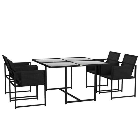 Outsunny 5 Piece Garden Dining Set with Breathable Mesh Seat, Adjustable Backrest, Tempered Glass Table Top for Patio, Black 