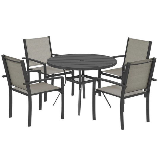 Outsunny 5 Piece Garden Furniture Set, Garden Dining Set with Round Table and 4 Stackable Chairs, Steel Frame, for Outdoor, Patio, Terraces, Dark Grey 