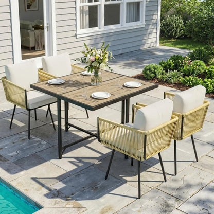 Outsunny 5 Piece Garden Furniture Set, Garden Dining Set with Wood-Plastic Table and 4 Armchairs, Beige