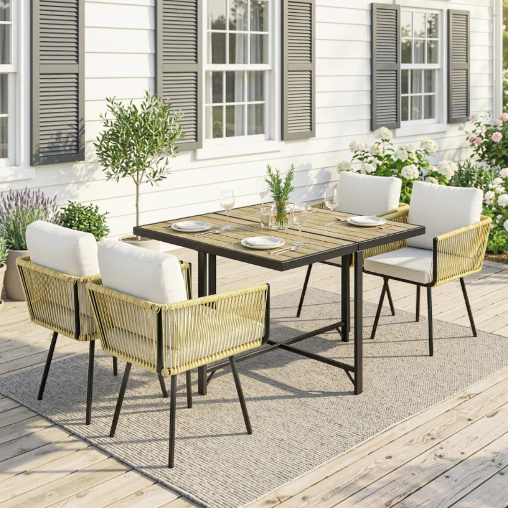 Outsunny 5 Piece Garden Furniture Set, Garden Dining Set with Wood-Plastic Table and 4 Armchairs, Beige