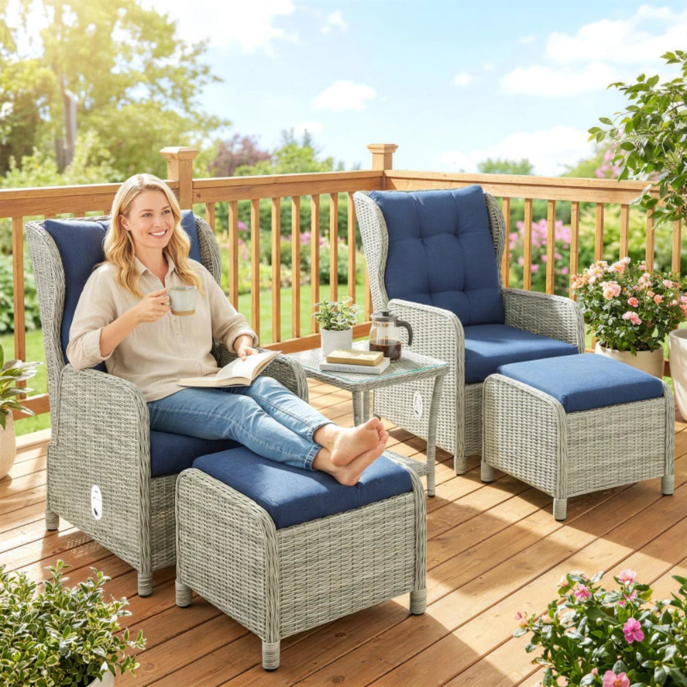 Outsunny 5 Piece Garden Furniture Set, Rattan Reclining Garden Chair Set of 2 with Footstool and Cushion for Balcony, Dark Blue